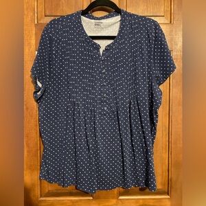 Lands End Womens Polka Dot Blouse Size XXL Navy Blue Short Sleeve Casual